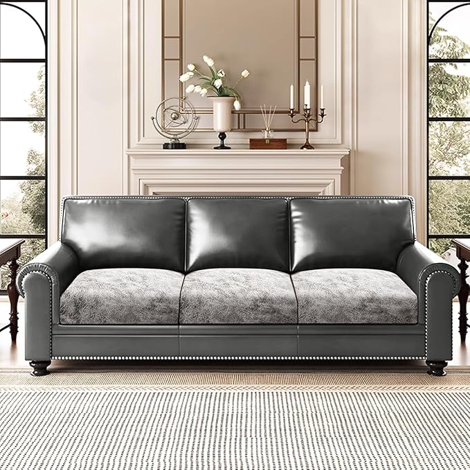 Leather Look Couch Cushion Covers Sofa Seat Slipcovers Sets Couches Furniture Protector for Sectional Armchair Loveseat Pets Kids Stretch Spandex Fabric (3 Cushion Sofa, Griege)