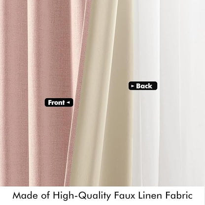 MIULEE 100% Blackout Linen Curtains for Bedroom, Blush Pink Solid Luxury Decor Thermal Insulation Room Darkening Drapes for Living Room Nursery Back Tab Rod Pocket 42 x 72 Inches, 2 Panels