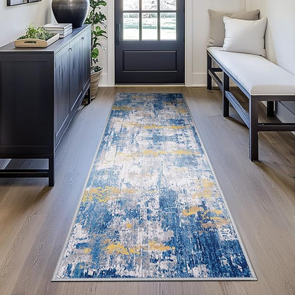 Washable Area Rugs 2'x10' Non-Slip Modern Abstract Soft for Living Room Entryway Bedroom Nursery, Print Pattern, Grey Blue Gold/Golden
