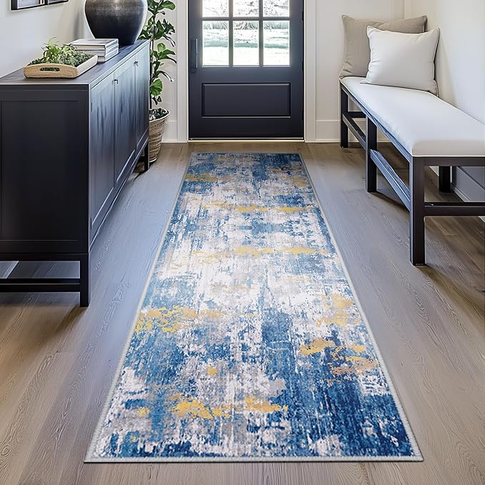 Washable Area Rugs 2'x6' Non-Slip Modern Abstract Soft for Living Room Entryway Bedroom Nursery, Print Pattern, Grey Blue Gold/Golden