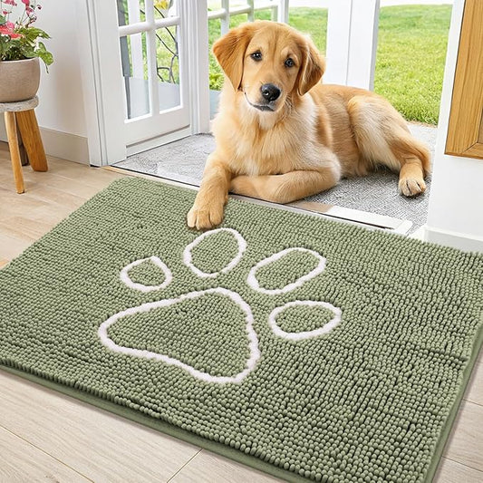 Smiry Dog Door Mat for Muddy Paws, Absorbent Dirt Trapper Non Slip Quick Dry Washable Chenille Mat for Mud Dogs, Entry Rug for Indoor and Outdoor (36x24 Inches, Sage Green and White)