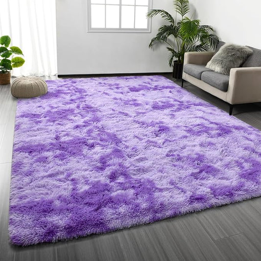 Deerhoo Large Shag Area Rugs 6 x 9, Tie-Dyed Plush Fuzzy Rugs for Living Room, Ultra Soft Fluffy Furry Rug for Bedroom, Indoor Carpet Nursery Rugs for Kids Room Home Decor, Purple