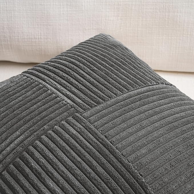 Fancy Homi 2 Packs Dark Gray Euro Decorative Throw Pillow Covers 26x26 Inch for Couch Bed Sofa, Rustic Farmhouse Boho Home Decor, Soft Corss Corduroy Patchwork Textured Square Cushion Case 66x66 cm