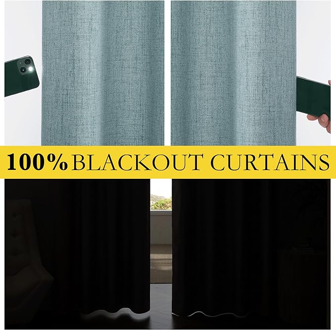 NICETOWN 100% Absolutely Blackout Linen Curtains with Thermal Insulated White Liner, Skylark Blue, 52 inches Wide, 90 inches Length Energy Saving Curtains for Living Room 2 Panels Set, Vertical Blinds