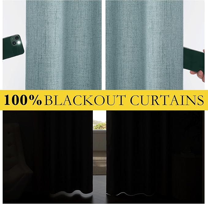 NICETOWN 100% Absolutely Blackout Linen Curtains with Thermal Insulated White Liner, Skylark Blue, 52 inches Wide, 63 inches Length Energy Saving Curtains for Cupboard 2 Panels Set, Vertical Blinds