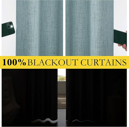 NICETOWN 100% Absolutely Blackout Linen Curtains with Thermal Insulated White Liner, Skylark Blue, 52 inches Wide, 63 inches Length Energy Saving Curtains for Cupboard 2 Panels Set, Vertical Blinds