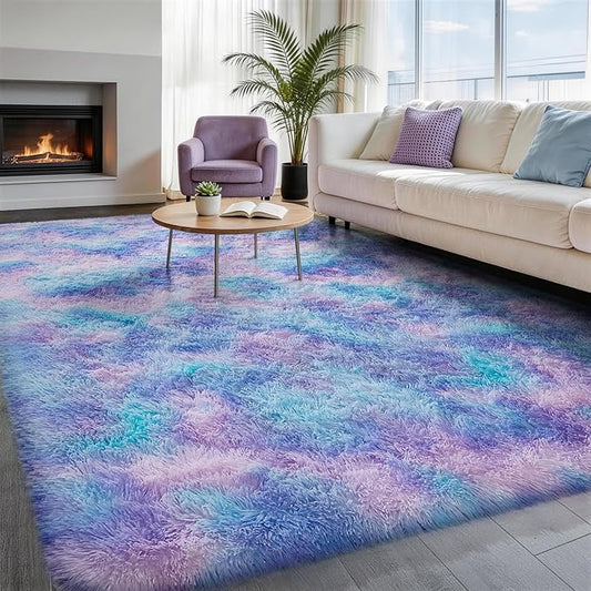 Ophanie Rainbow Purple Rug for Bedroom Girls, Unicorn Colorful Mermaid Fluffy Soft Cute Fuzzy Area Rugs, Shag Plush Shaggy 4x6 Furry Carpet for Kids Baby Teen Dorm Nursery Home Decor Aesthetic