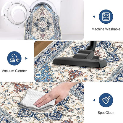 Yamaziot Washable Runner Rug, 2x8 Non-Slip Boho Vintage Hallway Rug with Rubber Backing, Low Pile Faux Wool Distressed Carpet Runner for Bedroom, Kitchen, Laundry, Entrance
