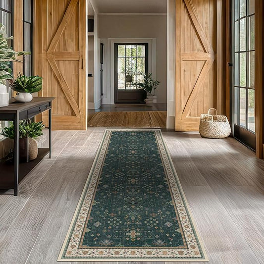 Dark Green Washable 2'6"x10' Long Runner Rugs for Hallway, Non Skid 10ft Indoor Rugs for Entryway, Stain Resistant Low Pile Carpet Boho Indoor Décor