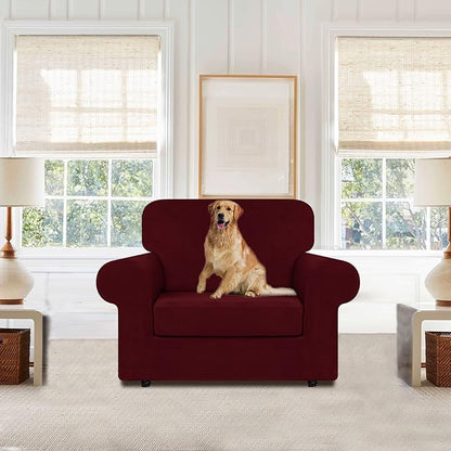 WEERRW Velvet Stretch Chair Sofa Slipcover - 2 Pieces Luxury Soft Velvet Plush Couch Cover Furniture Protector with Elastic Bottom for Pets, Machine Washable, Burgundy, Small