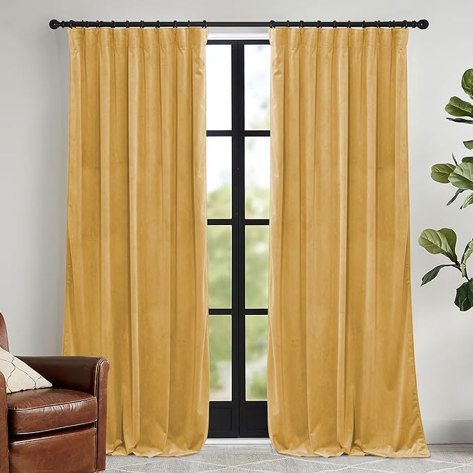RYB HOME Mustard Yellow Velvet Curtains 96 inches, Back Tab Soft Fabric Room Darkening Thermal Insulated Luxurious Home Decor Curtains for Living Room Bedroom, W 52" x L 96", 2 Panels Set