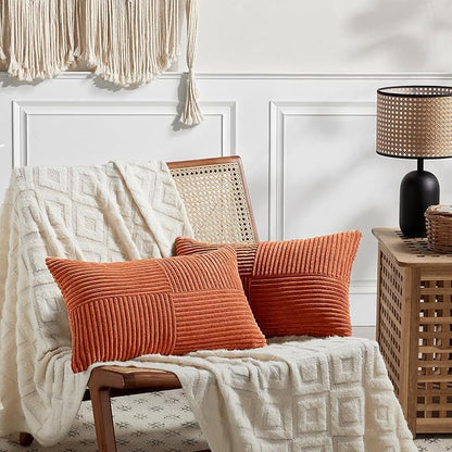 Fancy Homi Set of 2 Burnt Orange Long Lumbar Decorative Throw Pillow Covers 16x24 Inch for Living Room Couch Bed, Boho Farmhouse Fall Home Decor, Soft Corduroy Corss Textured Cushion Case 40x60 cm