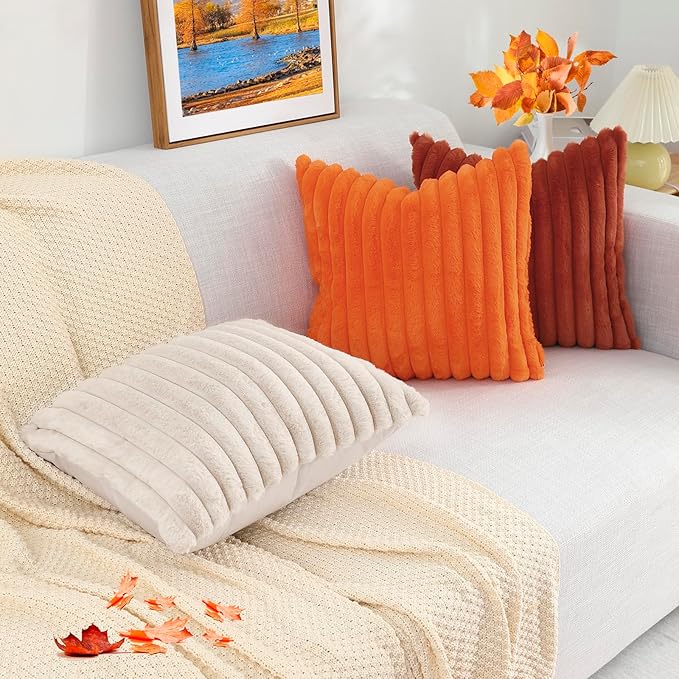 decorUhome Cozy Faux Fur Throw Pillow Covers 16x16 Set of 2 Decorative Soft Plush Striped Modern Farmhouse Boho Couch Pillow Cases with Velvet Back for Sofa Bed Living Room, Rust