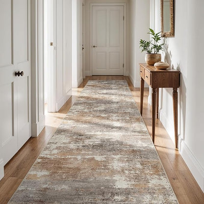 2'6''x12' Washable Kitchen Runner Rug: Modern Abstract Runners for Hallway Soft Non Slip Rugs with Rubber Backing Low Pile Thin Floor Carpet for Entryway Bedroom Bathroom Indoor(Brown/Brick,2'6''x12')