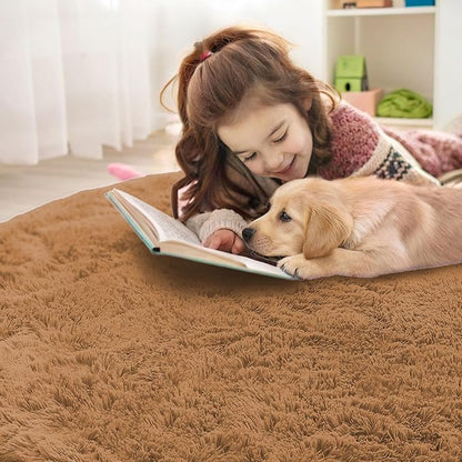 OLANLY Khaki Round Rugs for Bedroom - Machine Washable, 3 ft Circle Area Rugs for Living Room, Soft and Fluffy Shaggy Carpet for Teen Girl and Boys, Nursery Rooms, Dorms, Home Decor Aesthetic