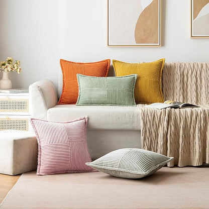 MIULEE Spring Decorative Throw Pillow Covers for Couch Bed Livingroom 16x16 Inch Set of 2 Pink Boho Accent Throw Pllows Broadside Striped Patchwork Soft Corduroy Pillowcases Valentine Decor