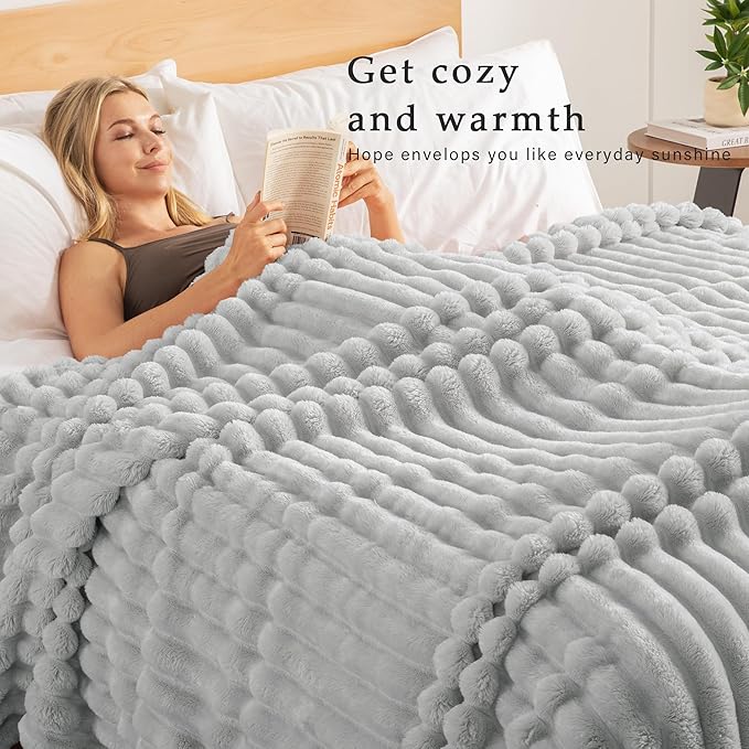 Exclusivo Mezcla California King Size Flannel Fleece Blanket, Super Soft Striped Jacquard Bed Oversized Blanket, Lightweight Fuzzy Cozy for All Seasons, 120x120 Inches, Light Grey