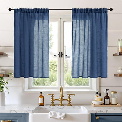 BGment Short Navy Blue Semi Sheer Curtains 40 Inch Length for Windows, Linen Small Drapes Light Filtering for Bathroom Cafe Decor with Rod Pocket Lightweight, 2 Panels Set, Each 30 Inch Wide