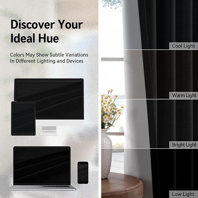 100% Blackout Shield Linen Blackout Curtains for Bedroom, Black Grommet Curtains for Living Room, Thermal Insulated Room Darkening Drapes for Nursery, Boho Home Decor, 50" W x 72" L, 2 Panels