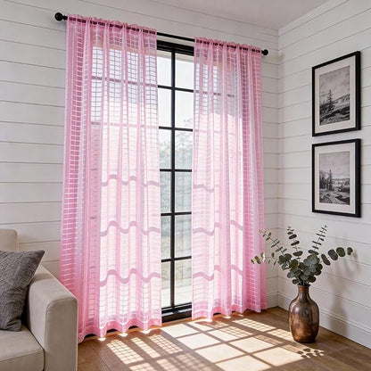 SpaceDresser Check Sheer Curtains 84 Inches 2 Panels Set, Rod Pocket Plaid Window Curtain for Living Room, Pink Semi Sheer Drapes for Kitchen Bedroom Children Room Yard（Pink, 52W x 84L）