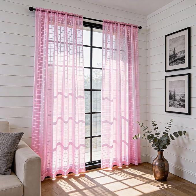 SpaceDresser Check Sheer Curtains 108 Inches 2 Panels Set, Rod Pocket Plaid Window Curtain for Living Room, Pink Semi Sheer Drapes for Kitchen Bedroom Children Room Yard（Pink, 52W x 108L）