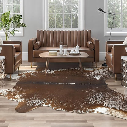 AROGAN Western Decor Faux Fur Cowhide Rug, 5.2x6.3 Feet Premium Animal Skin Cow Hide Rug, Sturdy Cow Print Rugs for Wall Decor, Western Floor Carpet for Bedroom Living Room, Spotted Brown