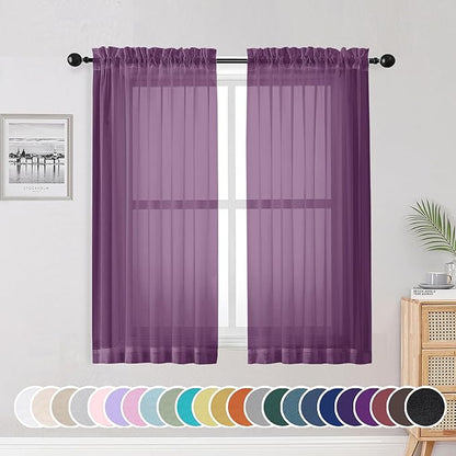 OWENIE Sheer Curtains 54 Inch Length 2 Panels Set, Plam Clear Sheer Short Curtains for Small Window, Light Filtering Clear Curtains Sheer, 2 Pcs 84 Width 54 Long, Plam