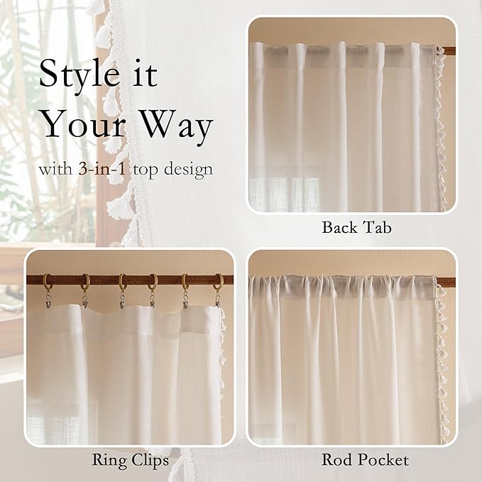 MYSKY HOME Boho Farmhouse White Long Curtains for Living Room, Light Filtering Privacy Semi Sheer Window Treatments with Tassle for Sliding Glass Door, 50" W×90" L, Pure White, Set of 2