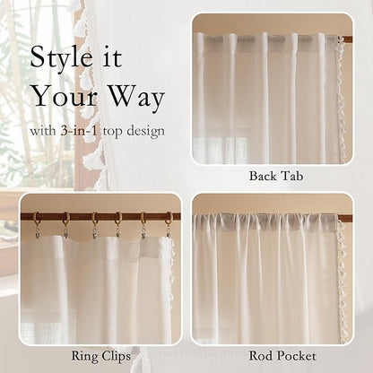 MYSKY HOME 72 Inches Long Semi Boho Sheer White Door Curtains for Closet Doorways,Light Filtering Back Tab Macrame Privacy Protect Farmhouse Drapes for Dining Room, 50" x 72",Pure White, 2 Panels