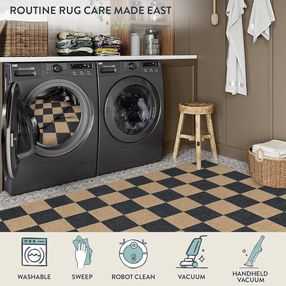 Lahome Colette Checkered 4 ft Easy Jute Round Rug, Washable Small Rugs for Entryway Patio, Farmhouse Non Slip Non Shedding Indoor Outdoor Circle Carpet for Kitchen Porch