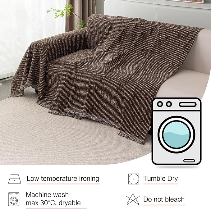 MYSKY HOME Boho Couch Cover Deep Chocolate Sofa Covers with Tassel Farmhouse Sofa Slipcover Simple Couch Protector for Dogs Chenille Sectional Couch Covers L Shaped Couch Cushion Covers, 71"x 134"