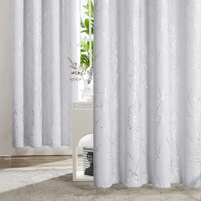 Deconovo Greyish White Curtains, Room Darkening Curtain, Thermal Insulated Soundproof Drapes, Silver Branch Print, 42 x 72 Inch Long, Grommet Window Panels for Living Room Bedroom Nursery, Set of 2
