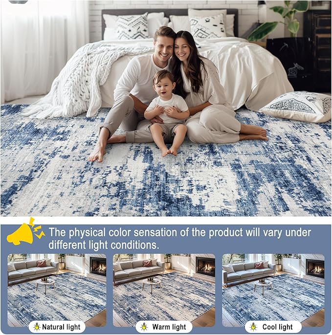 8x10 Area Rugs for Living Room - Washable Rug Modern Abstract Soft Large Neutral Non-Slip Carpet Indoor Floor Thin Carpets for Bedroom Dining Room Farmhouse Nursery Home Office Blue Gray