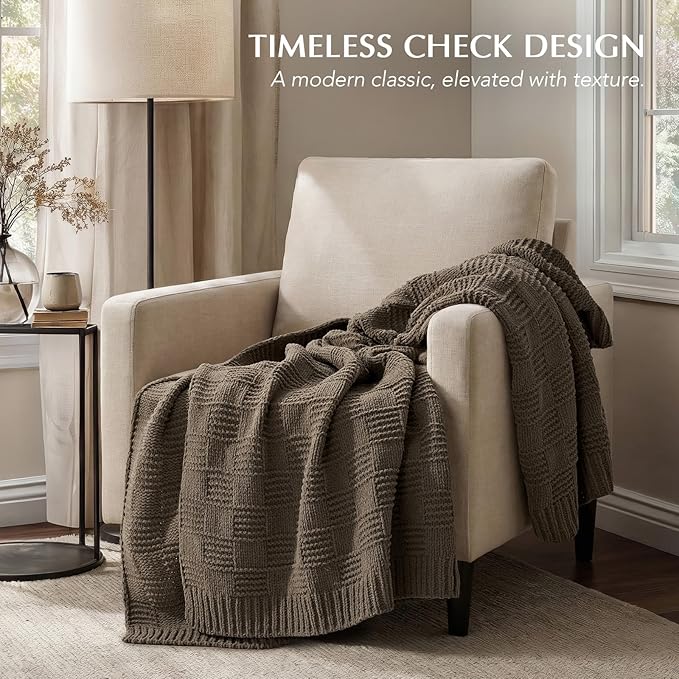 EVERGRACEHOME Modern Checkered Chenille Throw Blanket, Soft Cozy Plaid Knitted Blanket for Sofa & Couch, Decorative Knit Throw for Bed and Living Room, Mocha Brown, 60" x 80"
