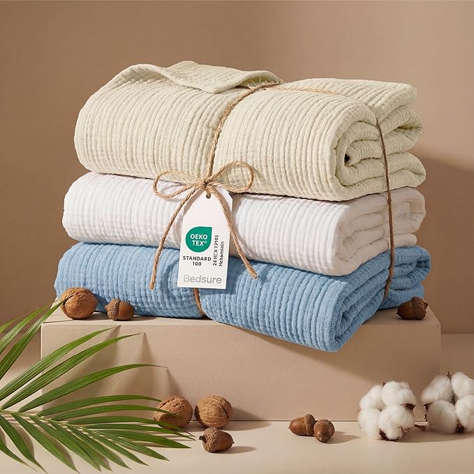 Bedsure 100% Cotton Muslin Throw Blanket Twin XL for Bed - 4-Layer Breathable and Lightweight Thin Soft Summer Gauze Muslin Blankets for Adults, Blue, 66x90 Inches