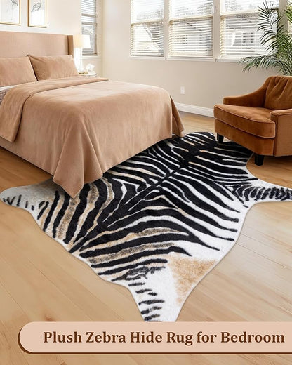 Zebra Print Rug for Living Room, Faux Fur Zebra Hide 5.2x7 Feet Animal Skin Rug for Bedroom Nursery Black and White