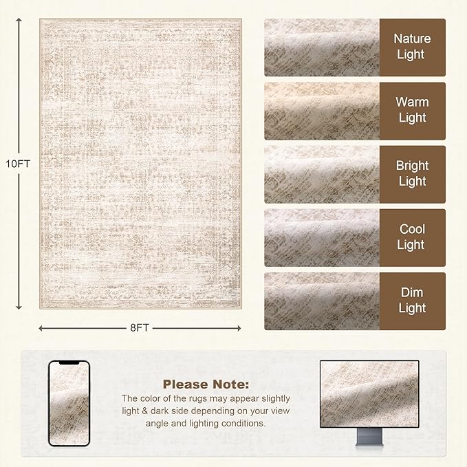 8x10 Area Rugs for Living Room: Washable Rug Soft Vintage Boho Carpet Indoor Floor Non-Slip Stain Resistant Floral Large Carpets for Bedroom Dining Room Farmhouse Nursery Home Office Beige