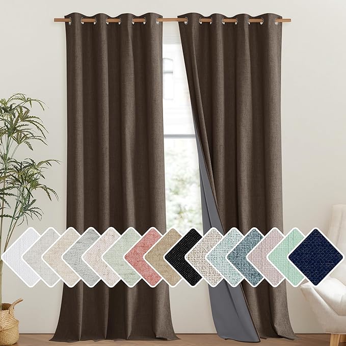 NICETOWN Coffee Vintage Linen 100% Blackout Curtains for Living Room, Thermal Insulated Curtains 95" Long, Noise Reducing Window Treatment Drapes for Bedroom, 52" Wide Per Panel, Set of 2