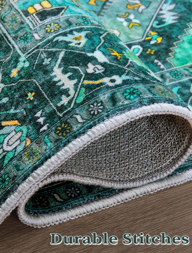 SERISSA Boho Washable Runner Rug, 2x6 Rug Runner Non-Slip Vintage Teal Hallway Kitchen Runner Rug Ultra Soft Print Distressed Tribal Floor Carpet Runner for Bedroom Bathroom Laundry Living Room