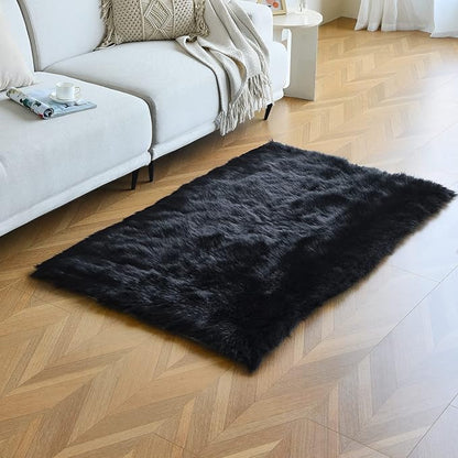 duduta Black Faux Sheepskin Fur Rug 3x5 ft, Fluffy Shag Bedroom Dorm Nursery Playroom Carpet Rug Non Slip Washable