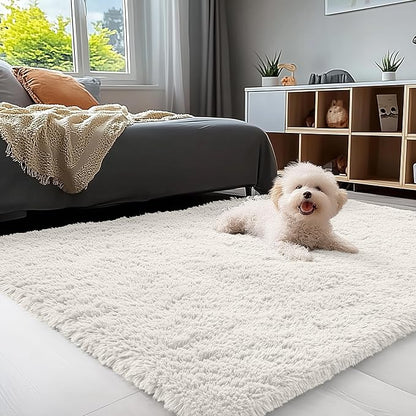 OLANLY 4x9 Area Rugs for Living Room Bedroom, Machine Washable Soft Fluffy Shaggy Bedside Rug, Indoor Floor Carpet for Kids Girls and Boys, Dorms, Nursery Rooms, Home Decor Aesthetic, Ivory