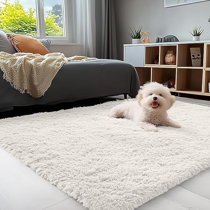 OLANLY 4x7 Area Rugs for Living Room Bedroom, Machine Washable Soft Fluffy Shaggy Bedside Rug, Indoor Floor Carpet for Kids Girls and Boys, Dorms, Nursery Rooms, Home Decor Aesthetic, Ivory