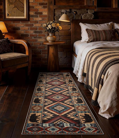 Hallway Runner Rug 2x6 Indoor Door Mat -Western Rug Bear Rustic Cabin Non-Slip Entryway Rug, Low Pile Tribal Print for Kitchen, Bedroom