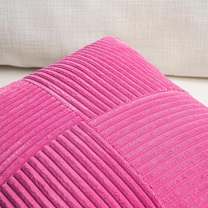 Fancy Homi 2 Packs Hot Pink Long Lumbar Decorative Throw Pillow Covers 12x24 Inch for Couch Bed Sofa, Rustic Farmhouse Boho Home Decor, Soft Striped Corduroy Rectangle Accent Cushion Case 30x60 cm