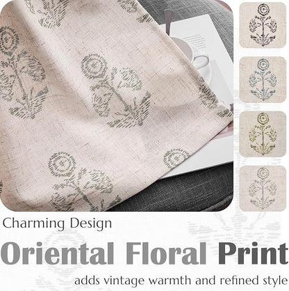 jinchan Linen Floral Curtains for Living Room 63 Inch Length Gray Flower Cottage Core Farmhouse Curtains Rod Pocket Back Tab Boho Semi Sheer Window Drapes Bedroom Set 2 Panels Grey on Beige