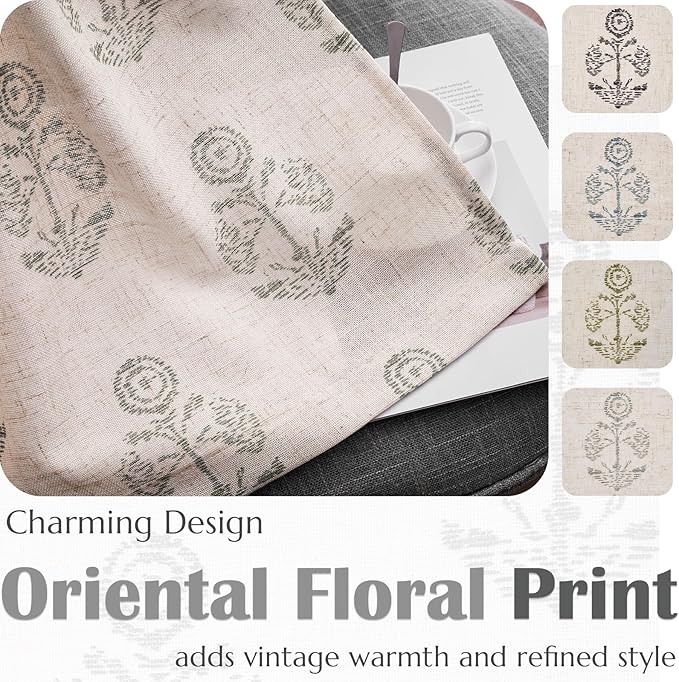 jinchan Linen Floral Curtains for Living Room 96 Inch Length Gray Flower Cottage Core Farmhouse Curtains Rod Pocket Back Tab Boho Semi Sheer Window Drapes Bedroom Set 2 Panels Grey on Beige