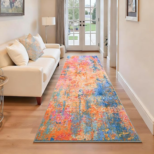 2x6 Rainbow Rug Runners for Hallways Kitchen Runner Rug Non Slip Washable Colorful Long Runner Rugs with Rubber Backing Soft Abstract Carpet Runner for Bedroom, Kitchen, Bathroom, Entryway