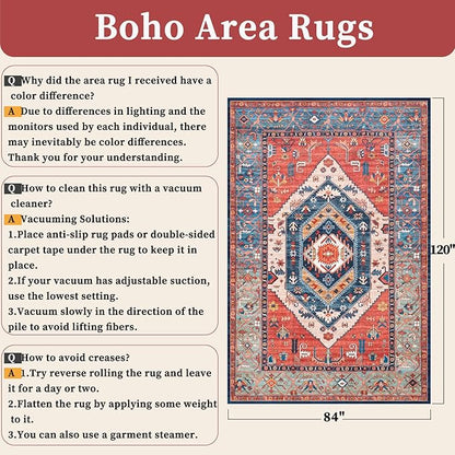 SERISSA 7x10 Area Rugs for Living Room, Large Washable Non-Slip Boho Rug, Ultra Soft Vintage Rust Oriental Tribal Print Distressed Carpet for Dining Room Bedroom Dorm Office Home Decor