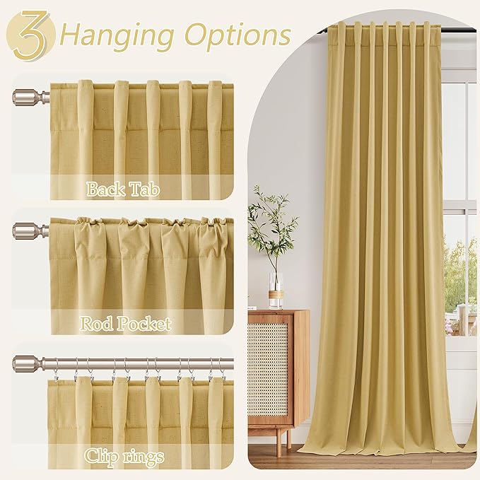 Guken 100% Blackout Curtains 120 Inch Length 2 Panels Set for Living Room Bedroom Back Tab Thermal Insulated Black Out Linen Drapes Room Darkening Window Curtains Gold Yellow 52x120