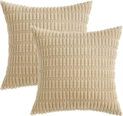 MIULEE Pack of 2 Corduroy Decorative Throw Pillow Covers 20x20 Inch Soft Boho Striped Pillow Covers Modern Farmhouse Home Decor for Sofa Living Room Couch Bed Tan